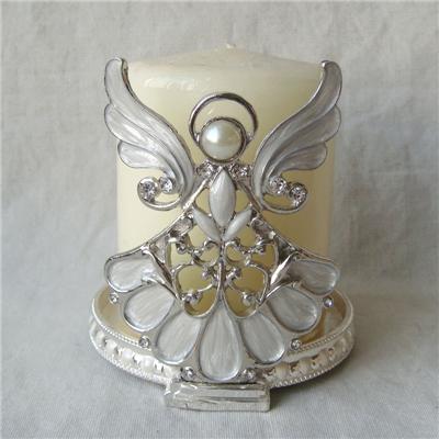 Silver White Jeweled Angel Candle Holder